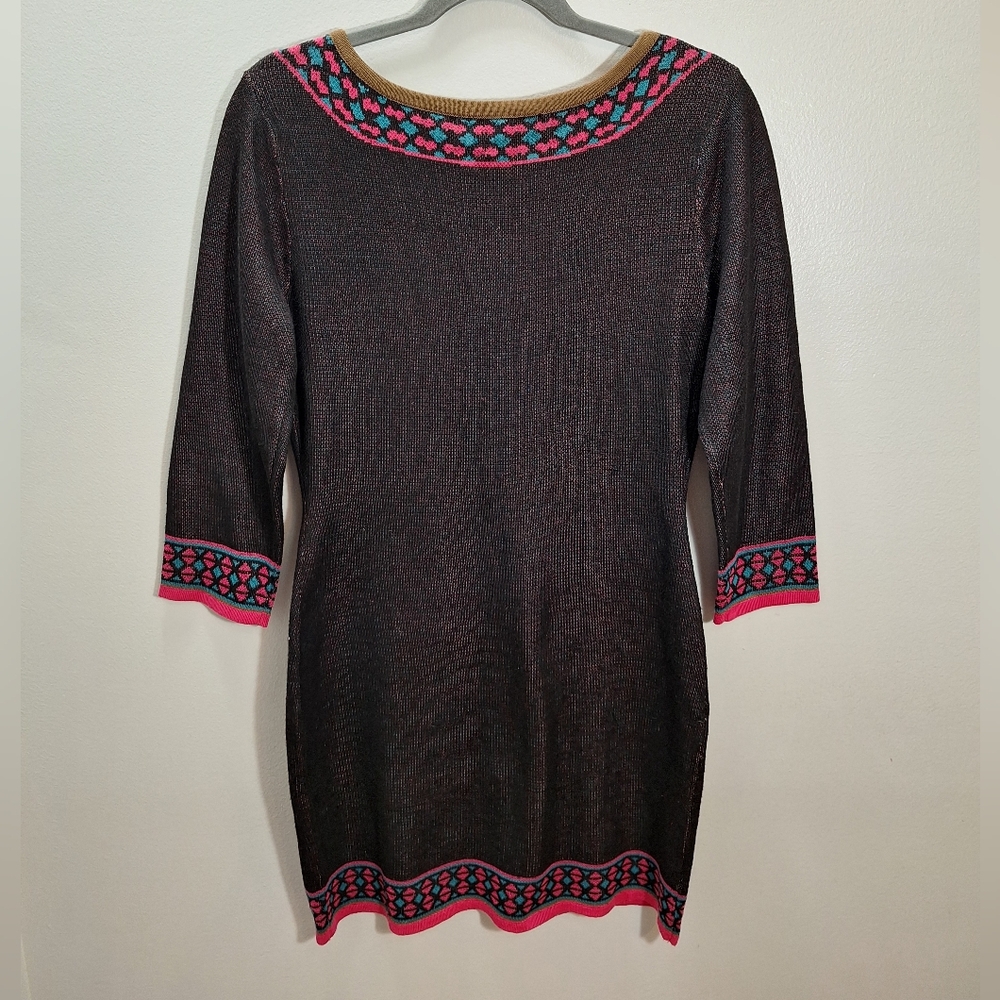 NWT FLYING TOMATO Multicolor Teal Pink Asymmetrical Midi Sweater Dress Medium - Picture 7 of 14